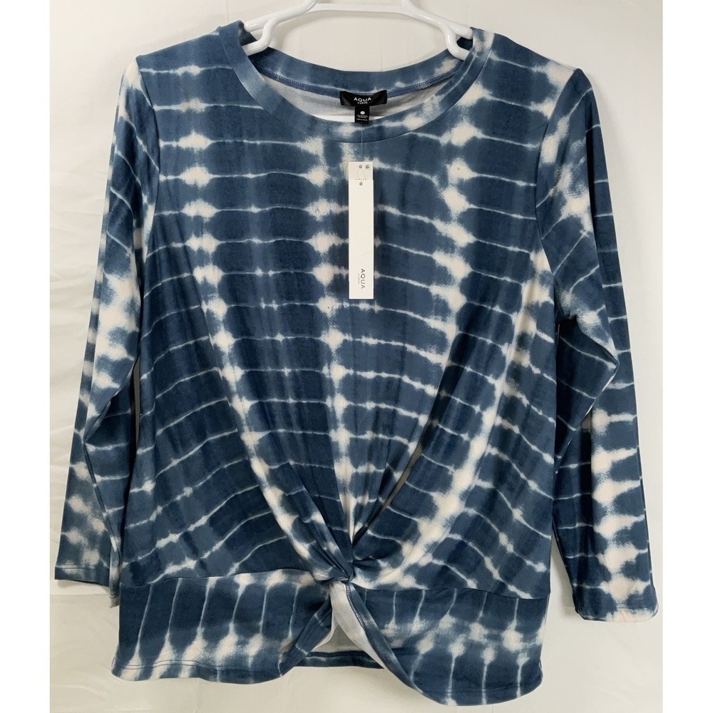 NWT Women's Aqua Curve Tie-Dye Twist Front Long Sleeve Blouse Blue / White XL